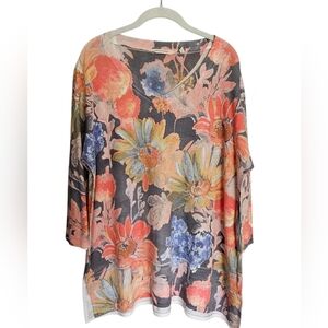 Soft Surroundings Tunic Top Women's Size L Wildflower V-Neck 3/4 Sleeve Knit